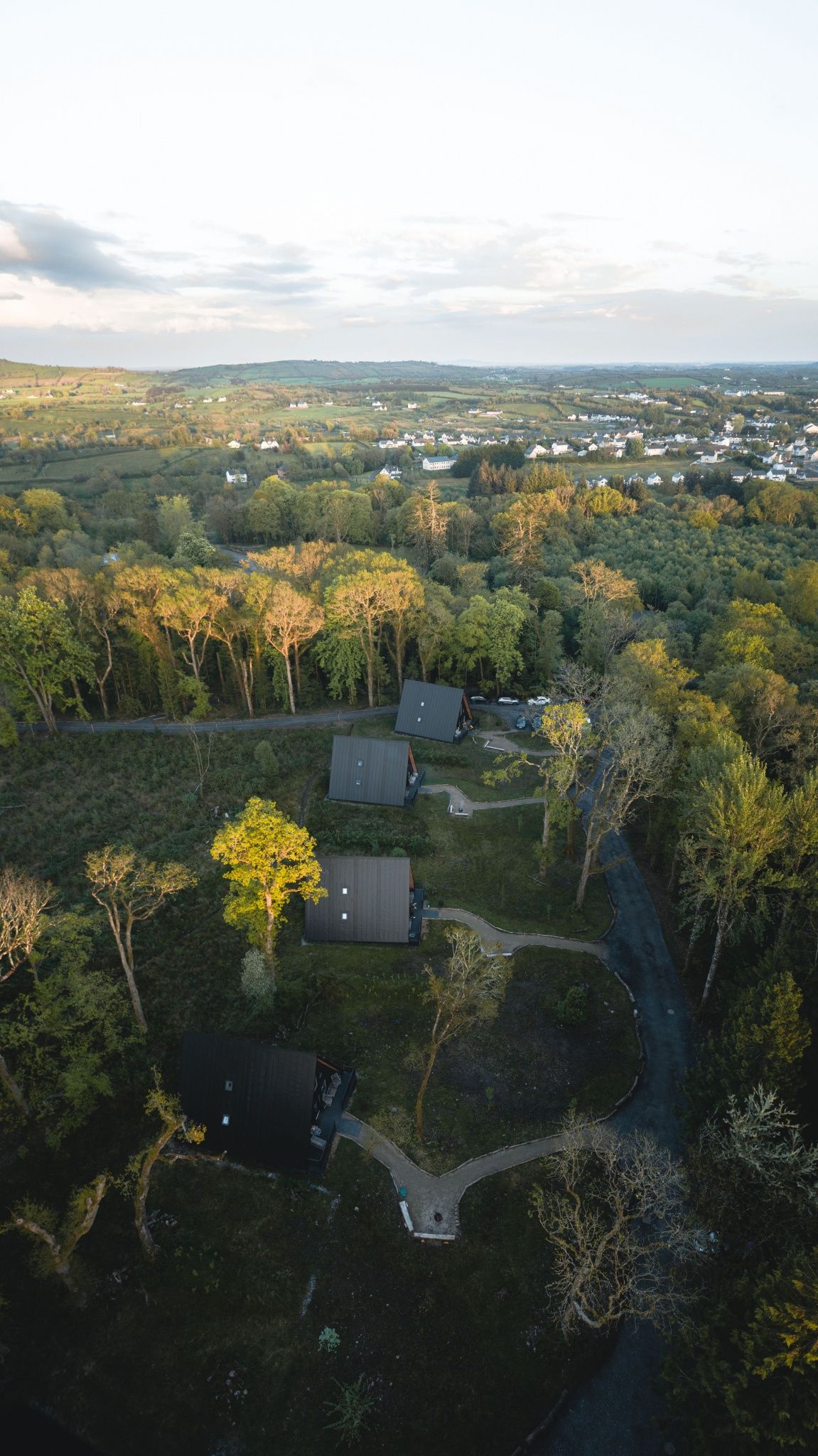 Aerial view at golden hour: lodges scattered through the woodland canopy with Leitrim's hills beyond