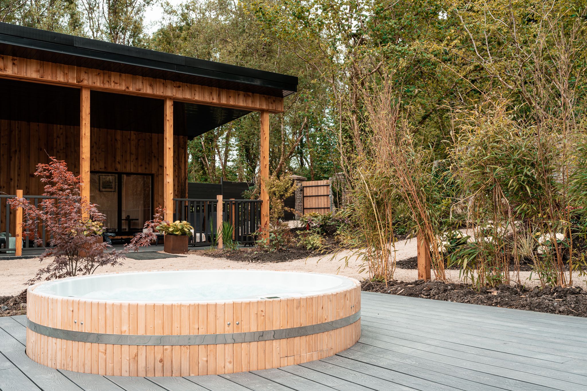 Cedar hot tub in the walled-garden Wellbeing Sanctuary